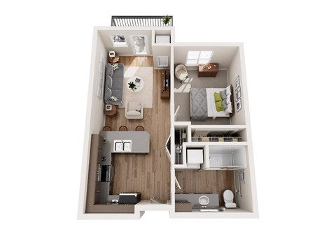 Floor plan for 1 bed, 1 bath, 597 sqft